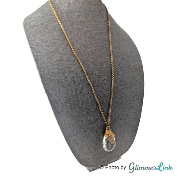Vintage Large Acrylic Crystal Teardrop Gold Tone Pendant Necklace - Picture 3 of 11